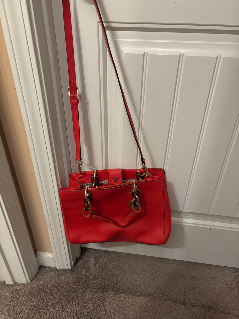 Michael Kors Red Leather Shoulder Tote with Gold Chain Links